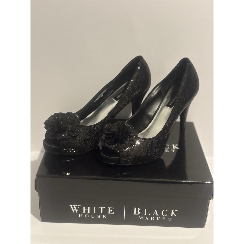 White House‎ Black Market Heels Shoes Women's Black Sequin Flower Size 8M Formal